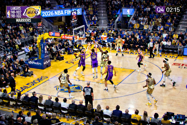 2026年美国职业篮球联赛（NBA）总决赛湖人队与勇士队的对决直播镜头