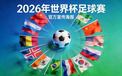 2026年世界杯足球赛官方宣传海报，展示多国国旗与足球元素